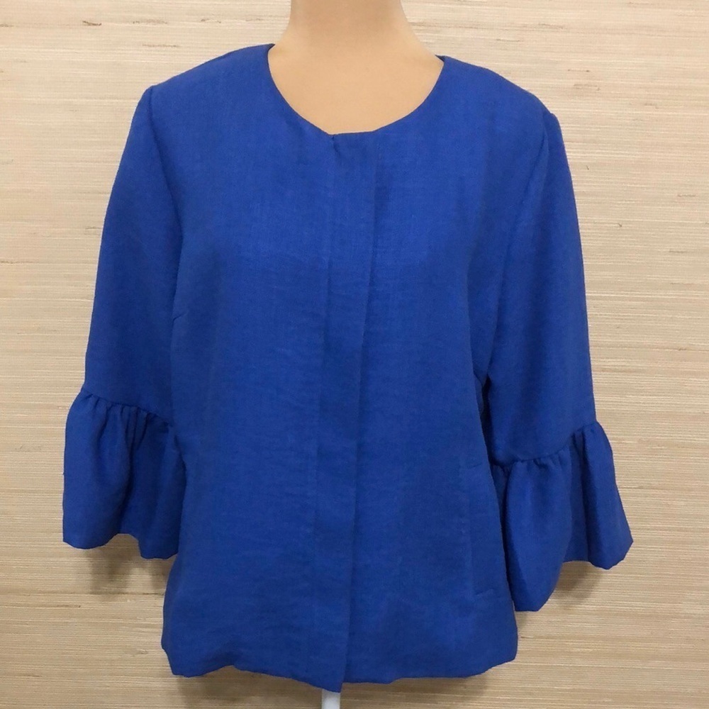 Anthro Women's Blue Ruffle Bell Sleeve Hidden Front Zip Blazer Jacket sz Medium